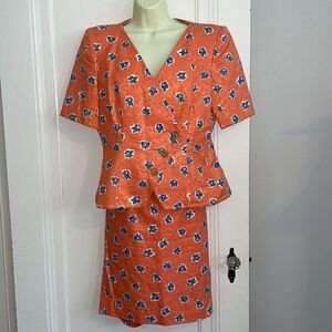 Vtg 80s Rickie Freeman for Teri Jon orange metallic floral short sleeve suit